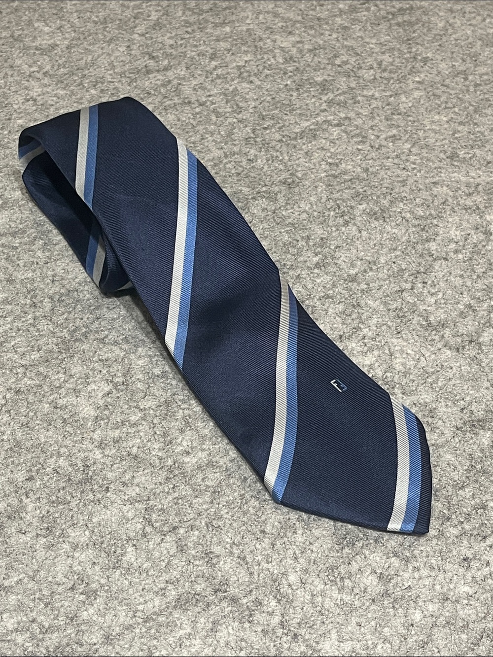 Vintage Fendi Navy Blue Striped Silk Tie with Light Blue and Silver Accents